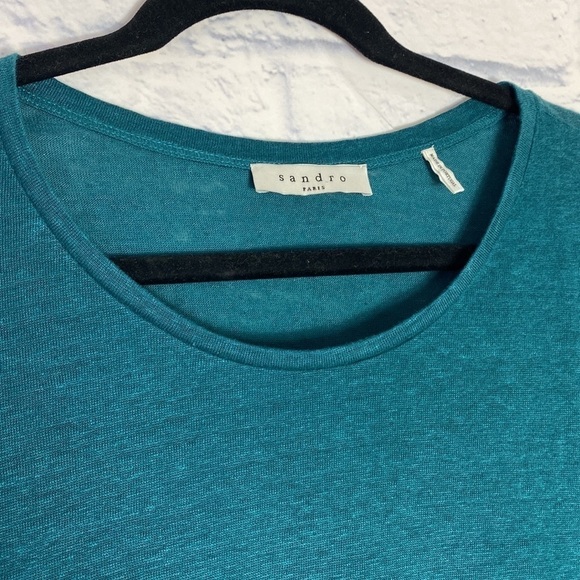 Sandro teal linen black lace inset long sleeve tee - Picture 2 of 8